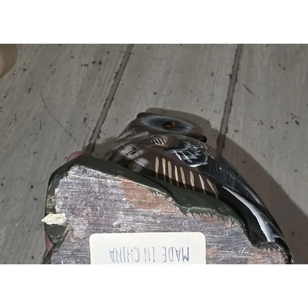Vintage Owl Carved Stone On Log Hand Painted 5.